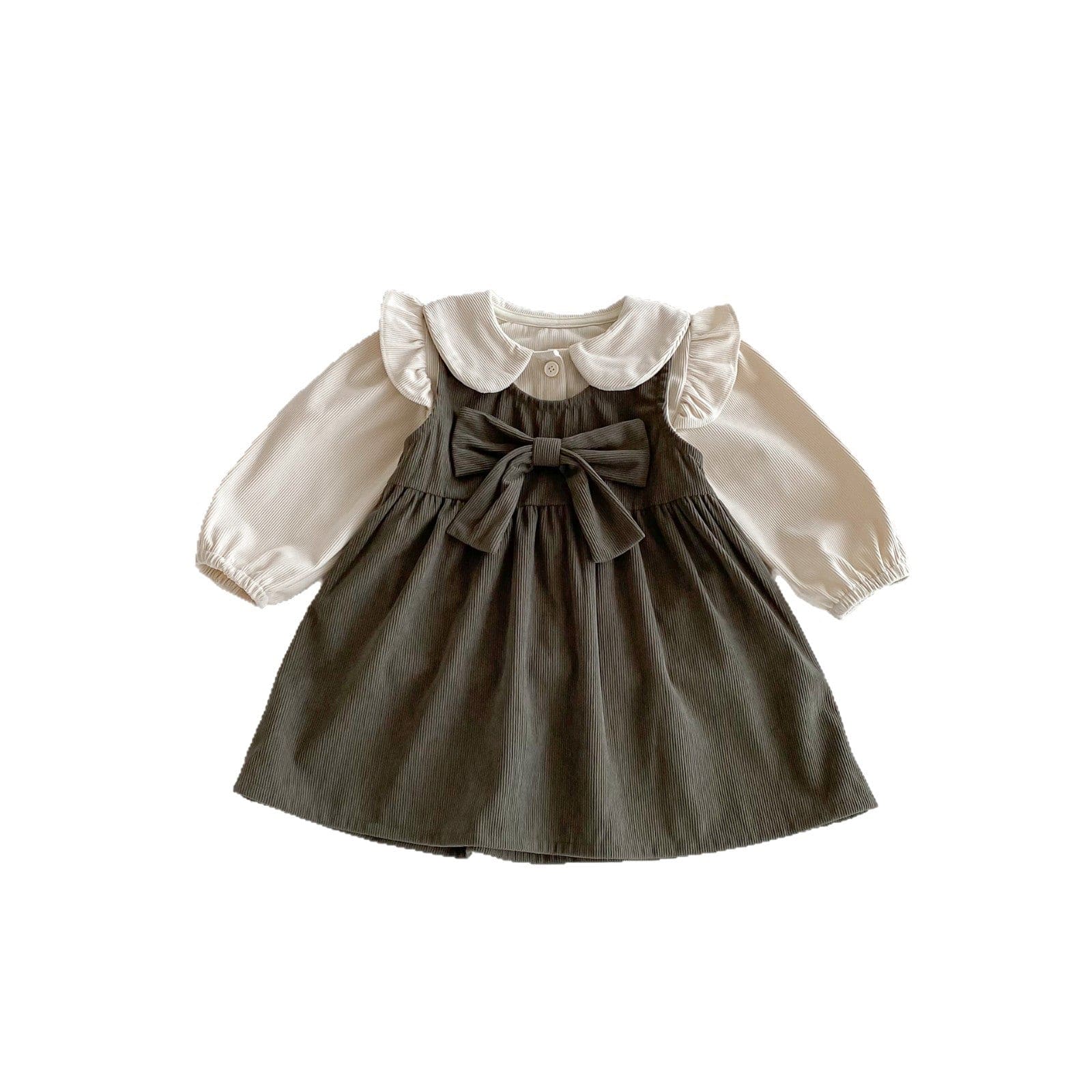 長袖セットアップ フロントリボンノースリーブワンピース/丸襟フリルショルダー長袖ブラウス【mh0010670】