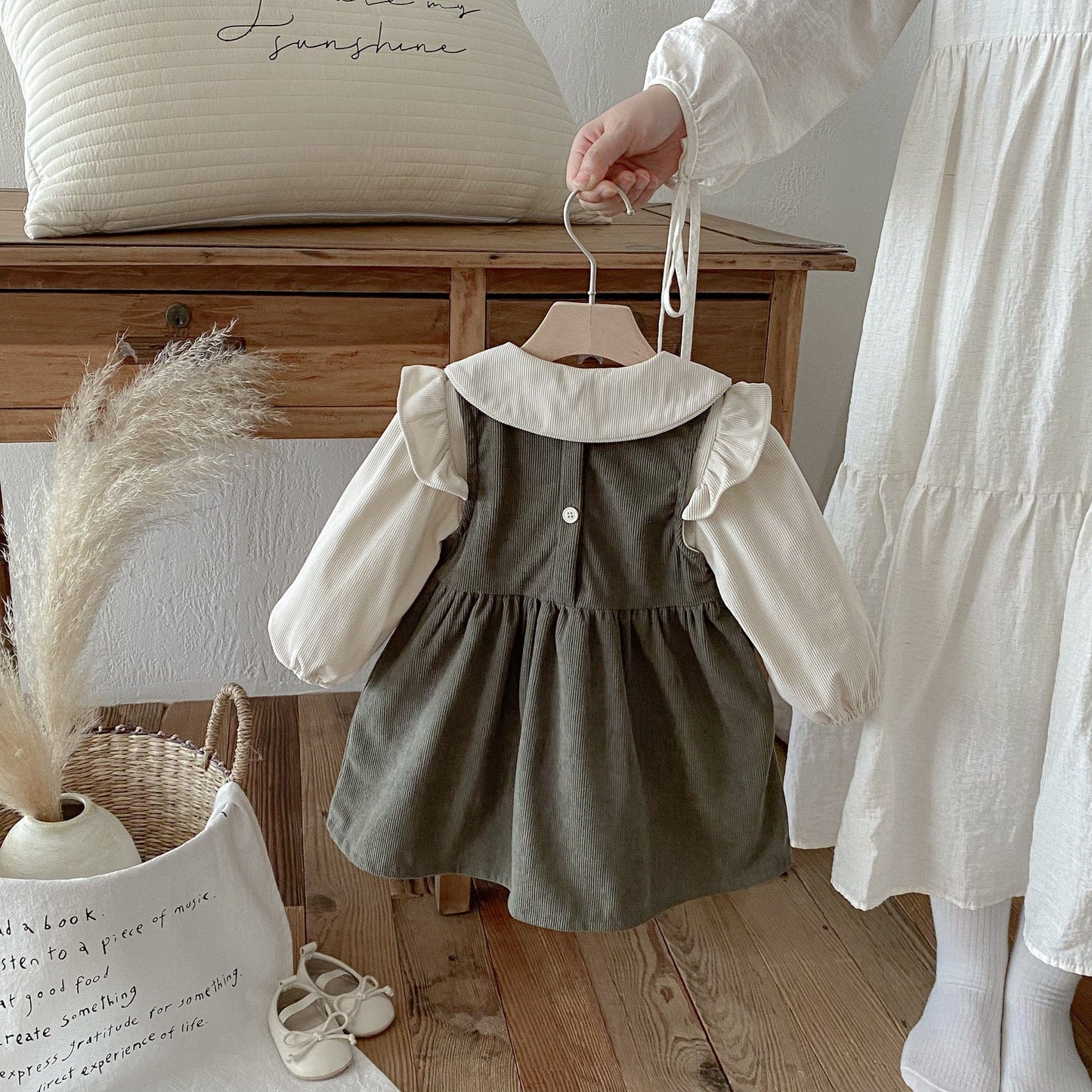 長袖セットアップ フロントリボンノースリーブワンピース/丸襟フリルショルダー長袖ブラウス【mh0010670】