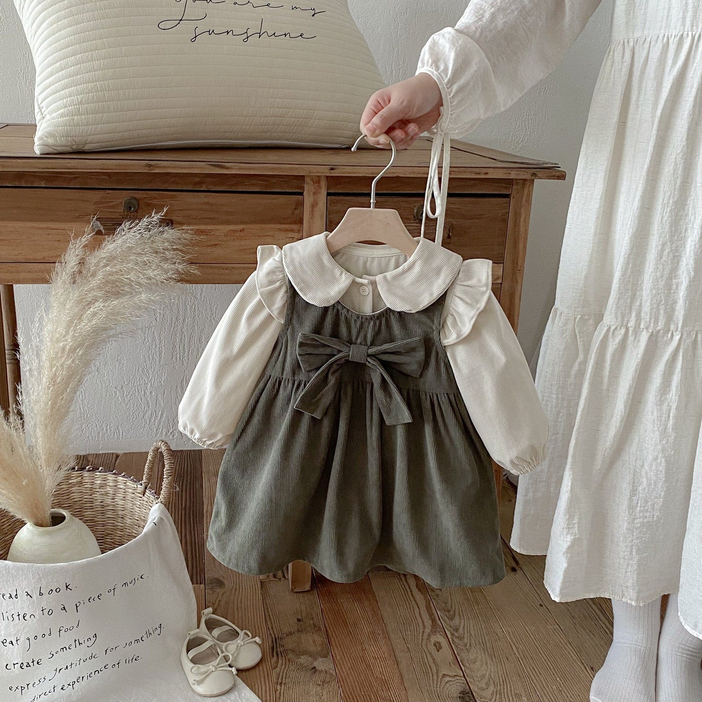 長袖セットアップ フロントリボンノースリーブワンピース/丸襟フリルショルダー長袖ブラウス【mh0010670】