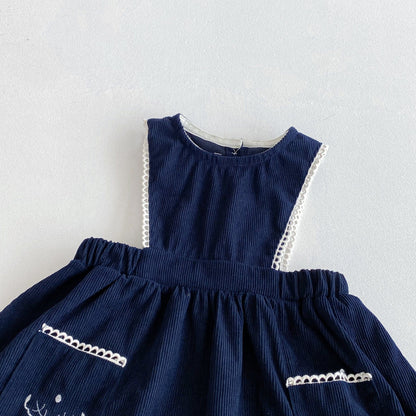 長袖セットアップ フラワープリント丸襟長袖ブラウス/刺繍レースエッジノースリーブジャンパースカート【mh0010671】