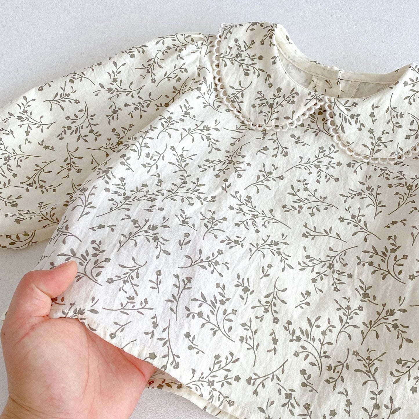 長袖セットアップ フラワープリント丸襟長袖ブラウス/刺繍レースエッジノースリーブジャンパースカート【mh0010671】