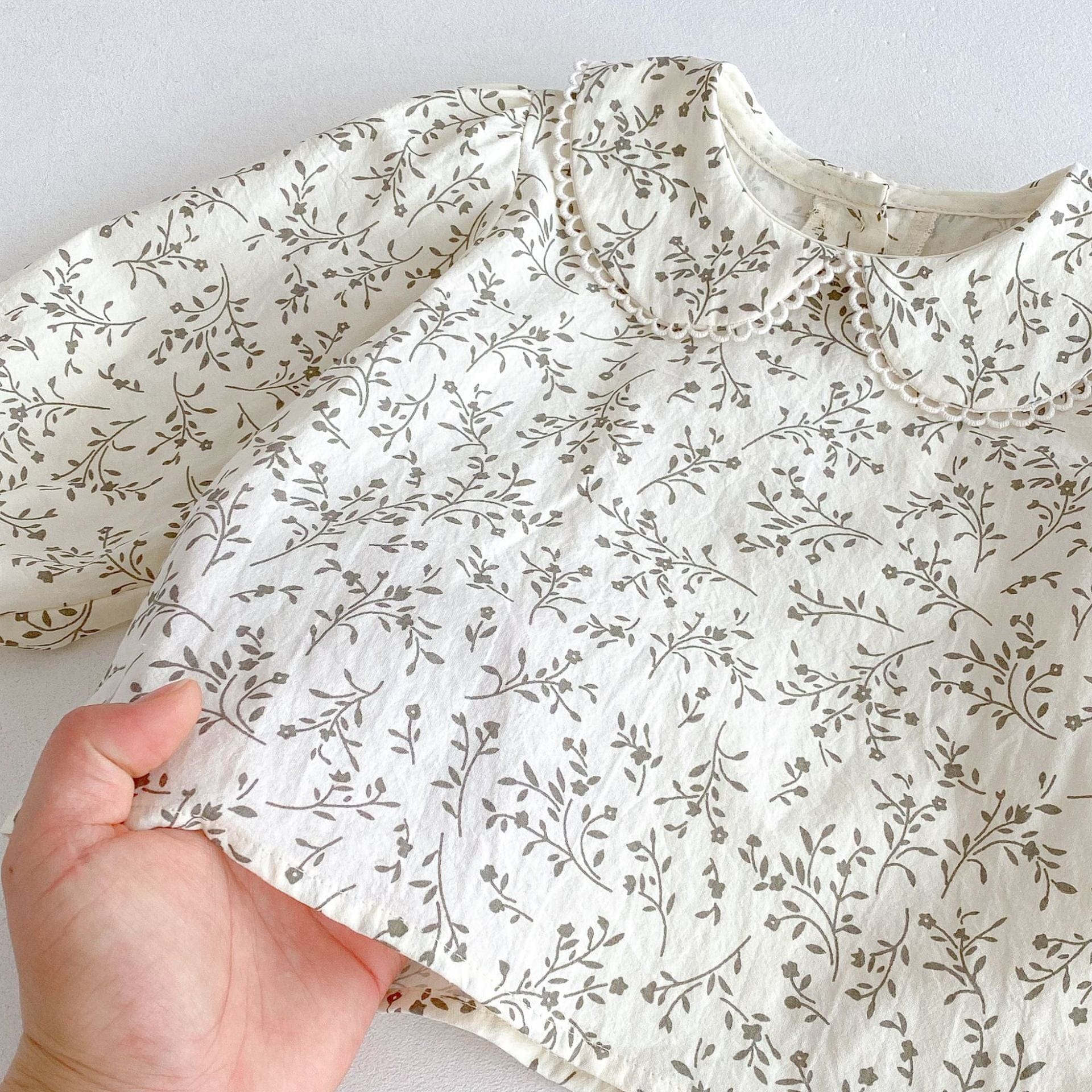 長袖セットアップ フラワープリント丸襟長袖ブラウス/刺繍レースエッジノースリーブジャンパースカート【mh0010671】