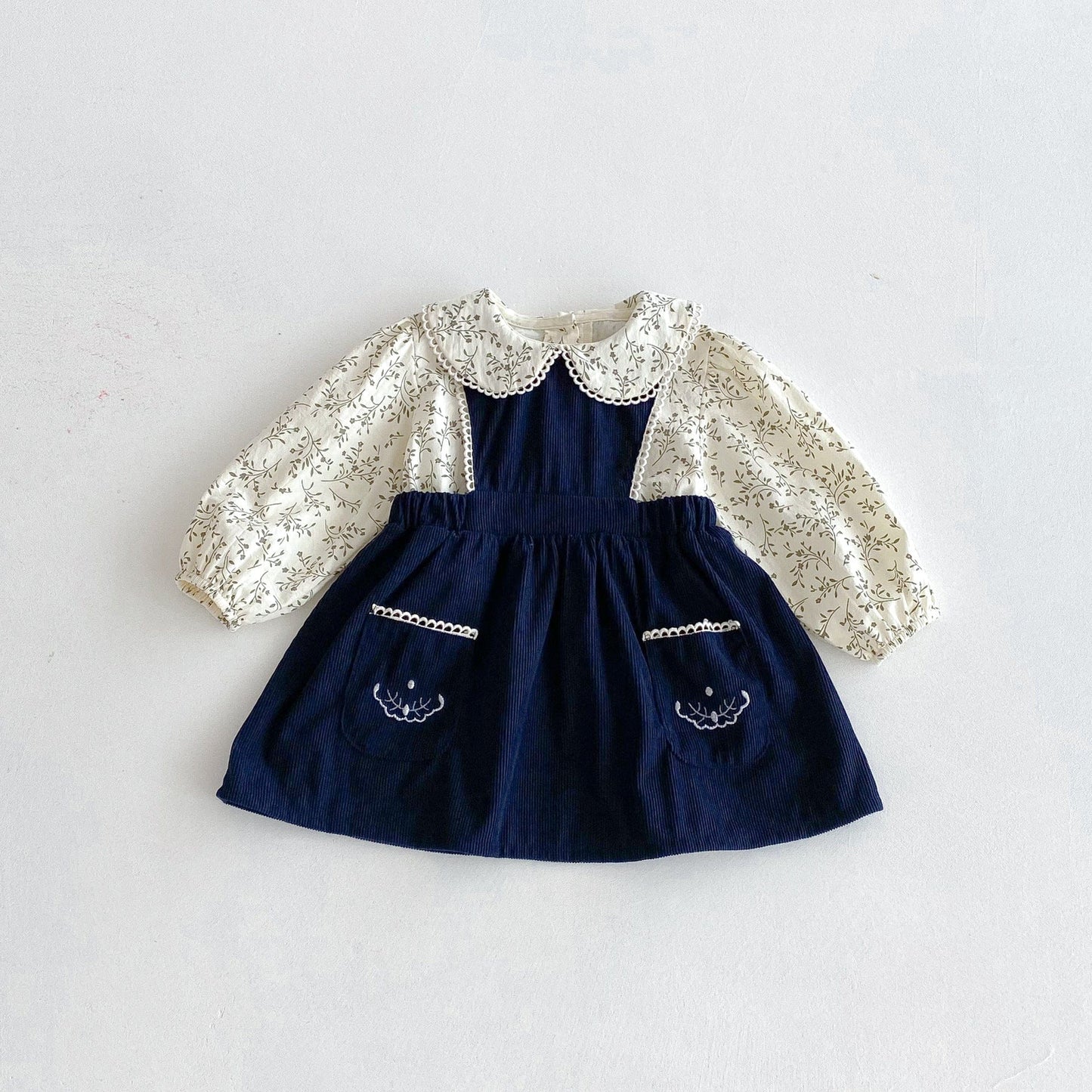 長袖セットアップ フラワープリント丸襟長袖ブラウス/刺繍レースエッジノースリーブジャンパースカート【mh0010671】