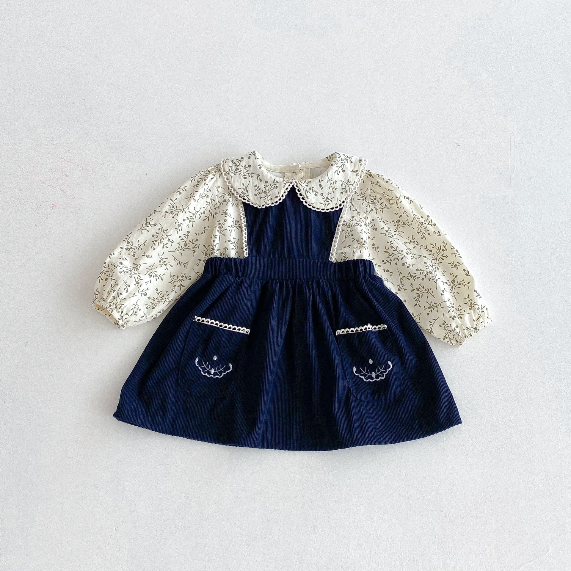 長袖セットアップ フラワープリント丸襟長袖ブラウス/刺繍レースエッジノースリーブジャンパースカート【mh0010671】