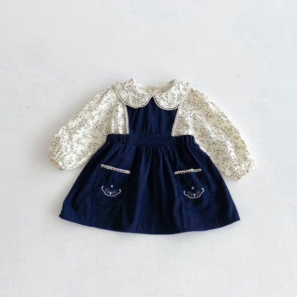 長袖セットアップ フラワープリント丸襟長袖ブラウス/刺繍レースエッジノースリーブジャンパースカート【mh0010671】