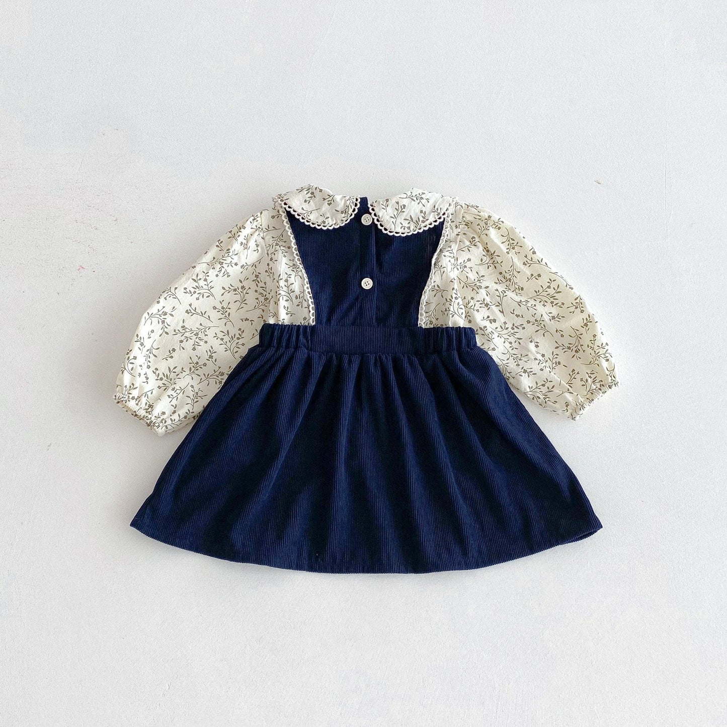 長袖セットアップ フラワープリント丸襟長袖ブラウス/刺繍レースエッジノースリーブジャンパースカート【mh0010671】