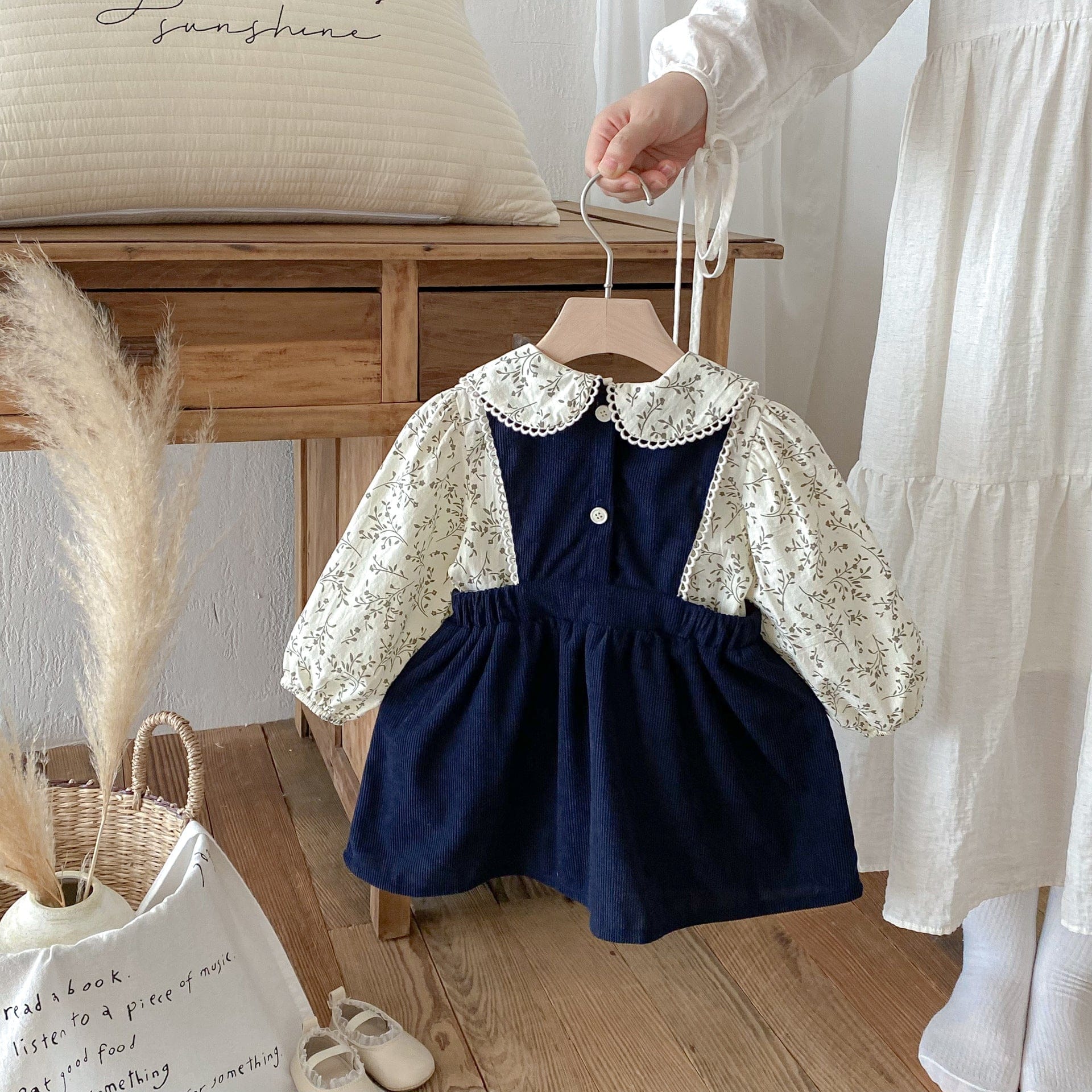 長袖セットアップ フラワープリント丸襟長袖ブラウス/刺繍レースエッジノースリーブジャンパースカート【mh0010671】