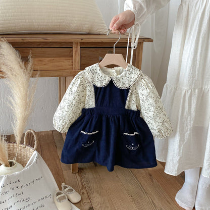 長袖セットアップ フラワープリント丸襟長袖ブラウス/刺繍レースエッジノースリーブジャンパースカート【mh0010671】