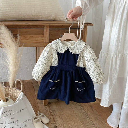 長袖セットアップ フラワープリント丸襟長袖ブラウス/刺繍レースエッジノースリーブジャンパースカート【mh0010671】