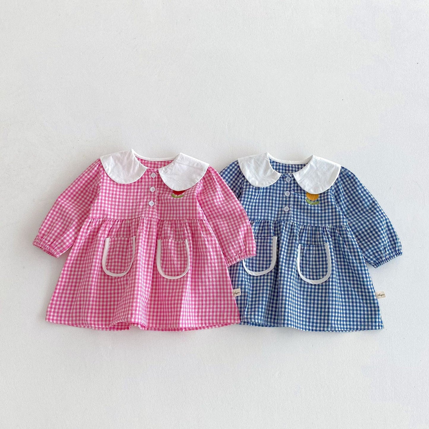 長袖ワンピース ギンガムチェック丸襟長袖ワンピース【mh0010675】