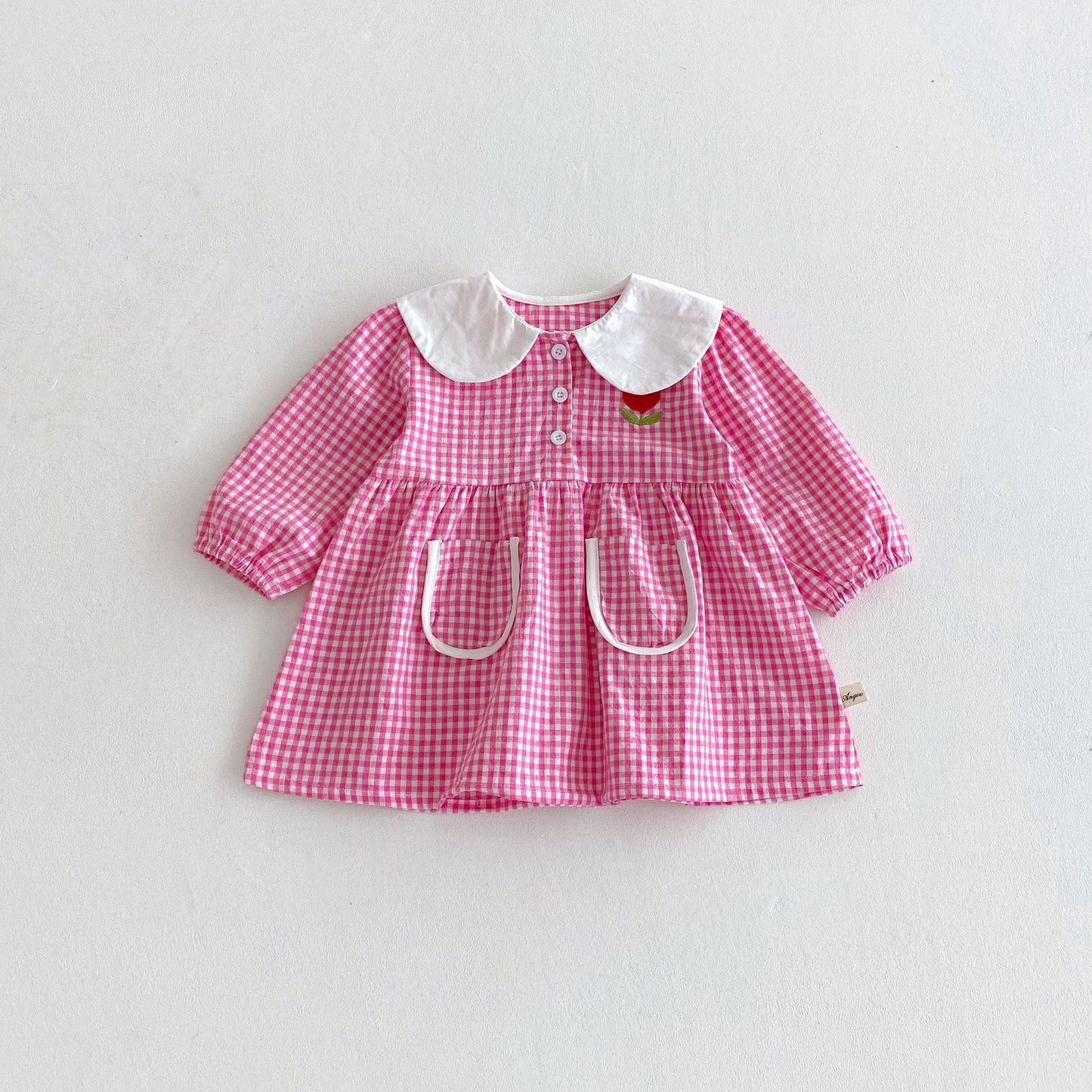 長袖ワンピース ギンガムチェック丸襟長袖ワンピース【mh0010675】