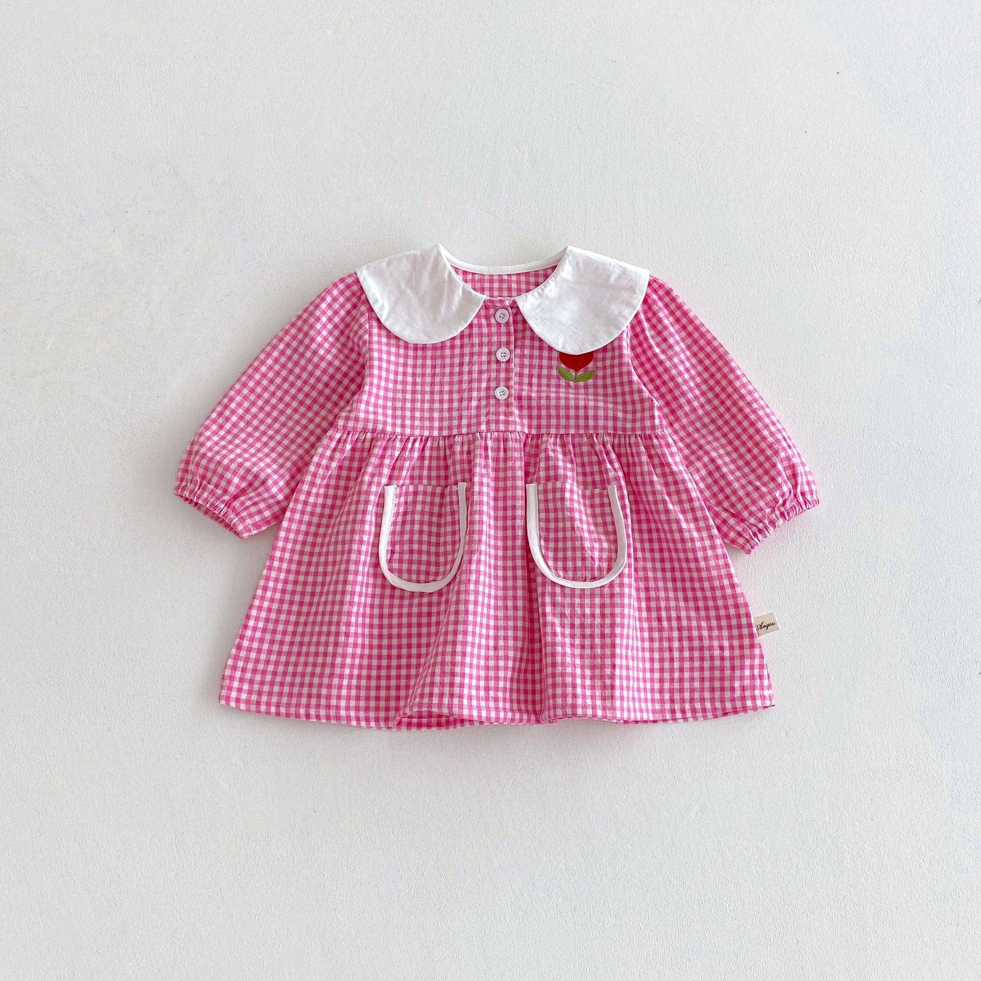 長袖ワンピース ギンガムチェック丸襟長袖ワンピース【mh0010675】