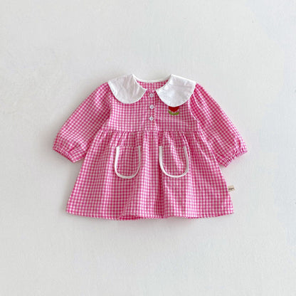 長袖ワンピース ギンガムチェック丸襟長袖ワンピース【mh0010675】