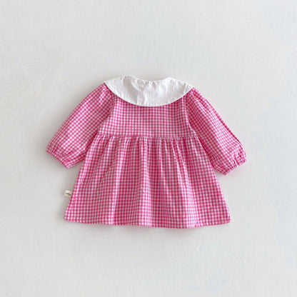 長袖ワンピース ギンガムチェック丸襟長袖ワンピース【mh0010675】