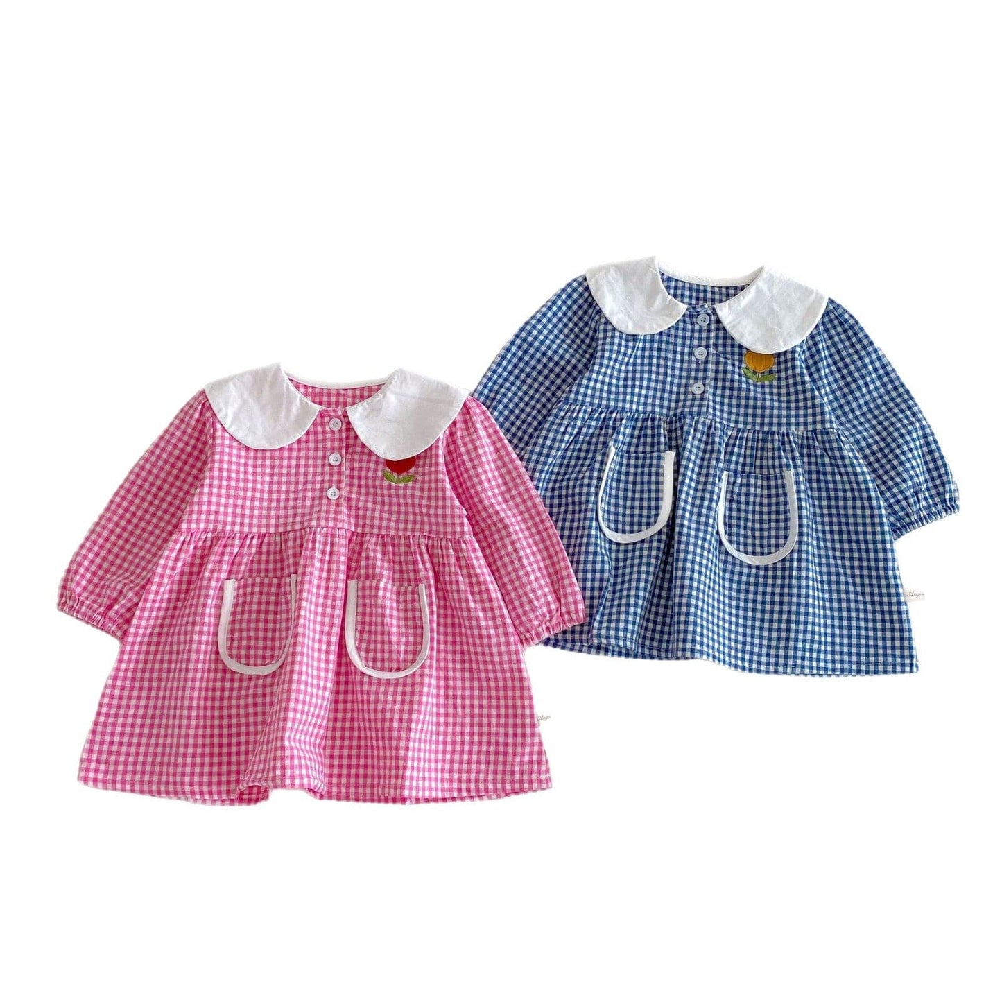 長袖ワンピース ギンガムチェック丸襟長袖ワンピース【mh0010675】