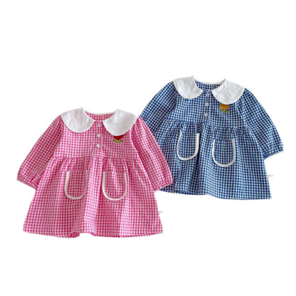 長袖ワンピース ギンガムチェック丸襟長袖ワンピース【mh0010675】