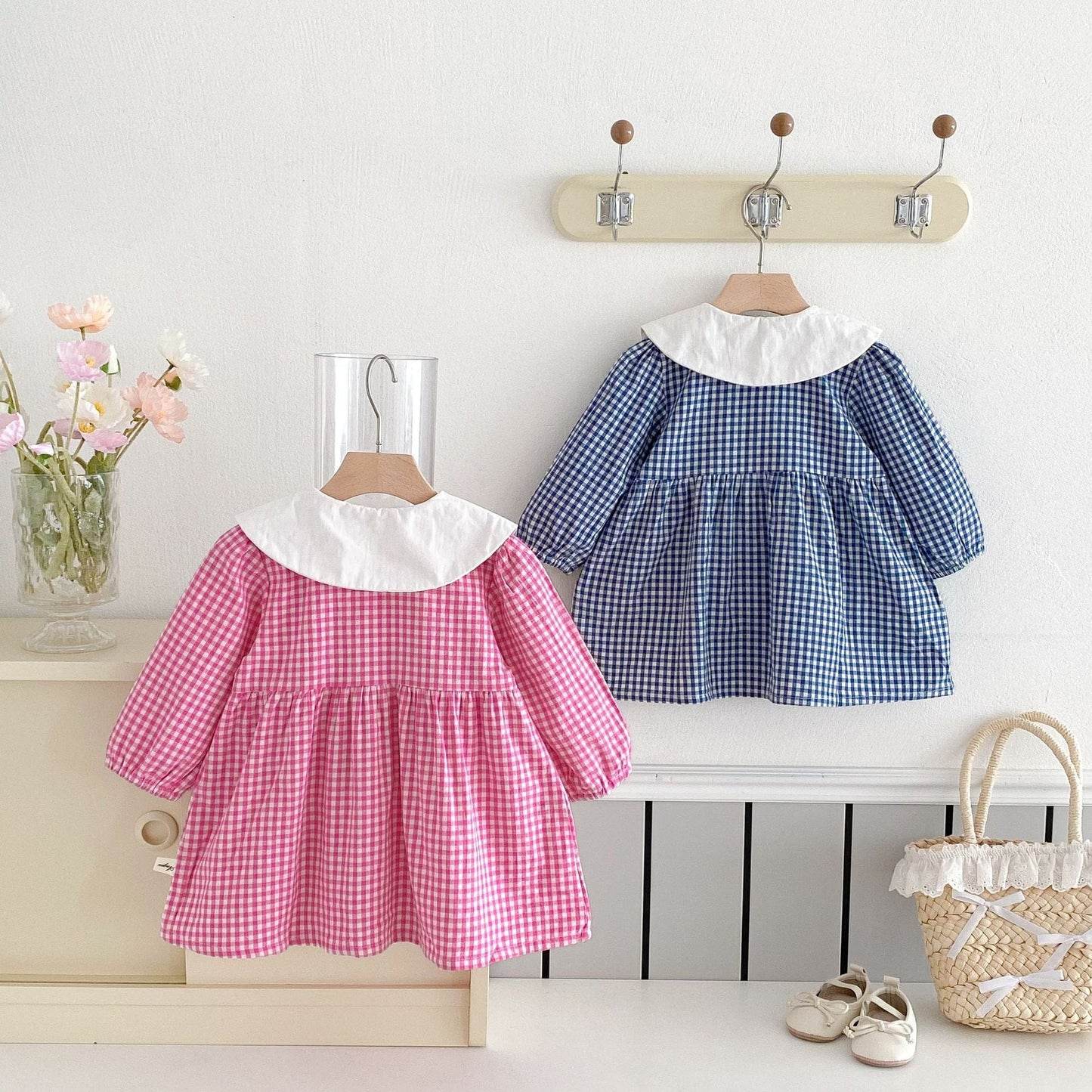 長袖ワンピース ギンガムチェック丸襟長袖ワンピース【mh0010675】