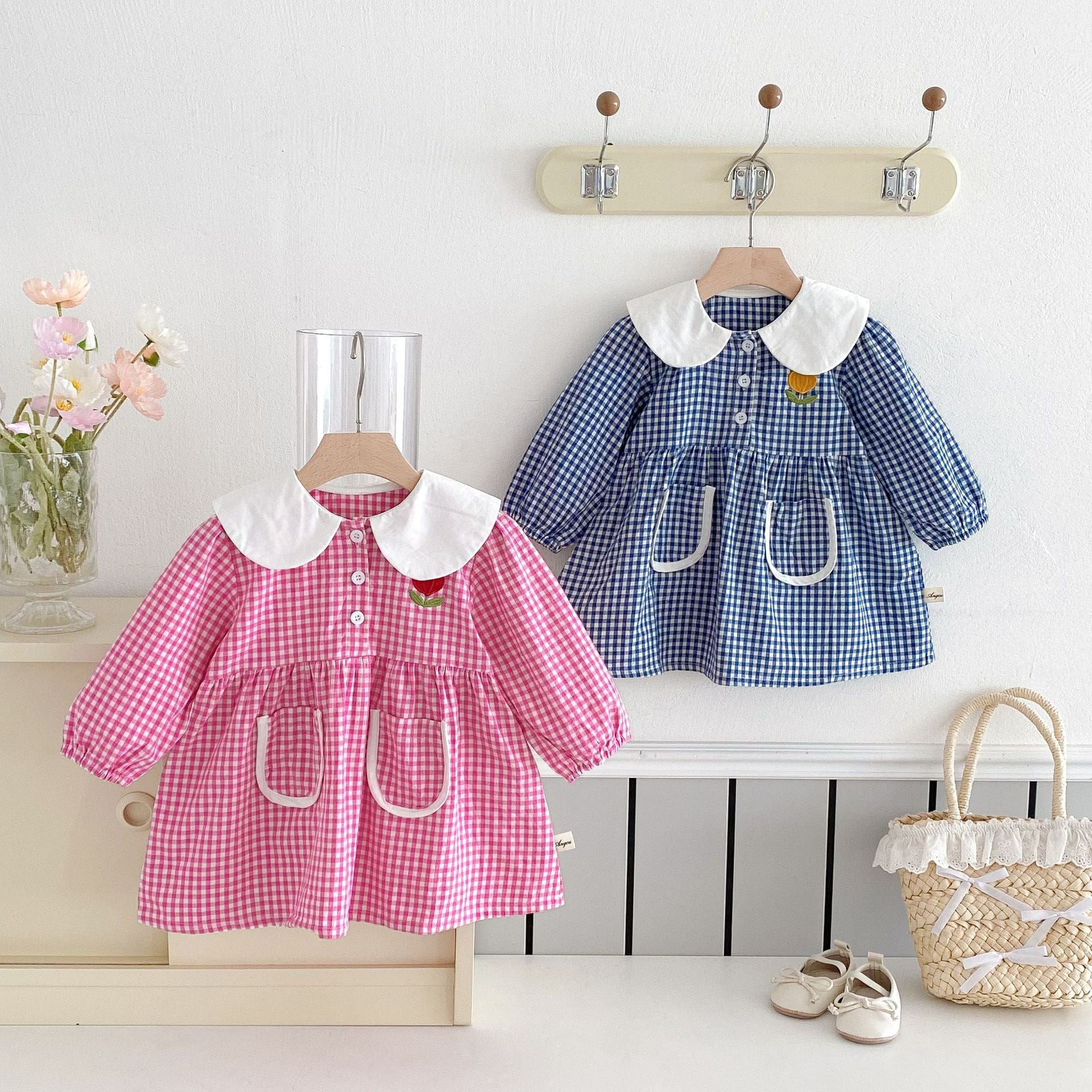 長袖ワンピース ギンガムチェック丸襟長袖ワンピース【mh0010675】