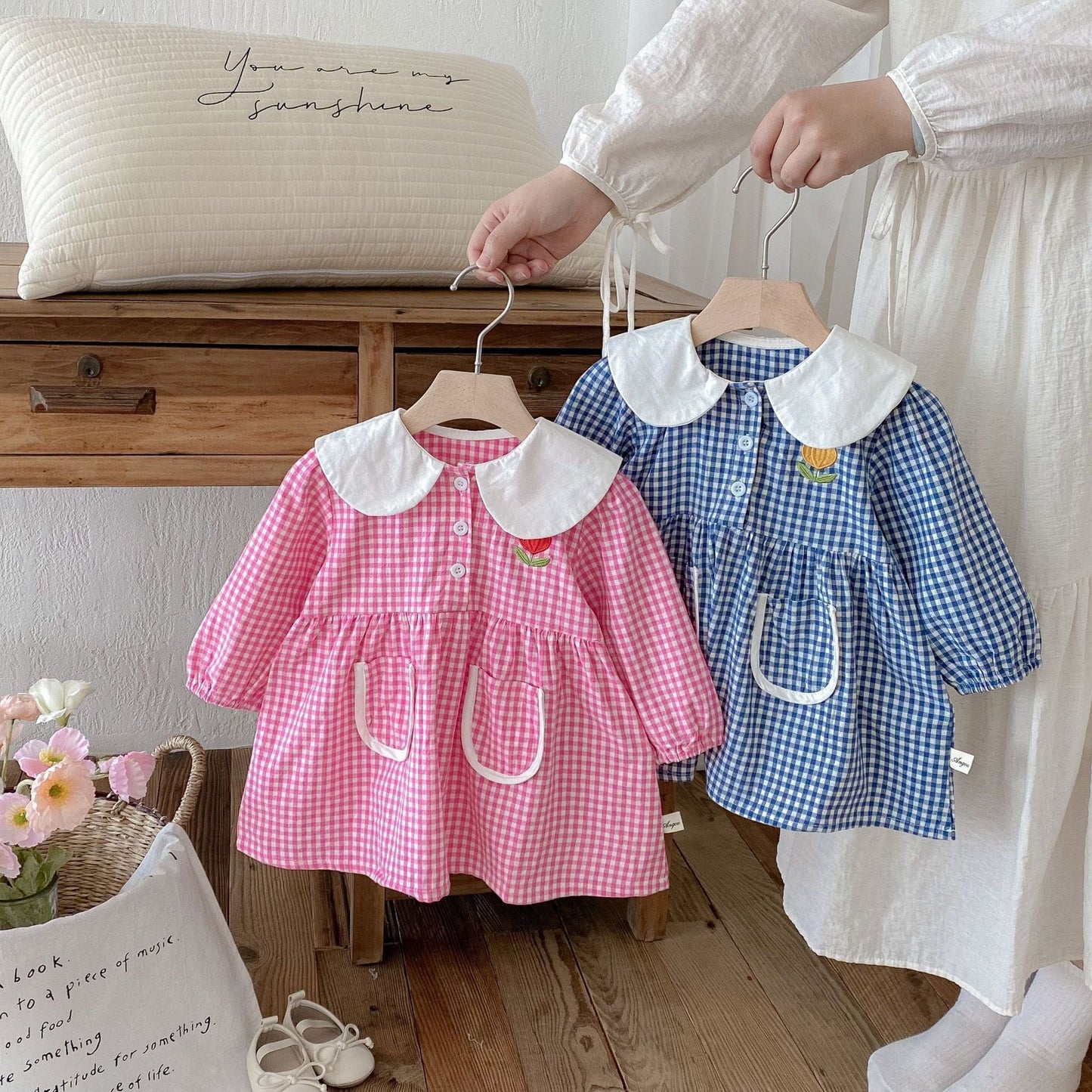 長袖ワンピース ギンガムチェック丸襟長袖ワンピース【mh0010675】