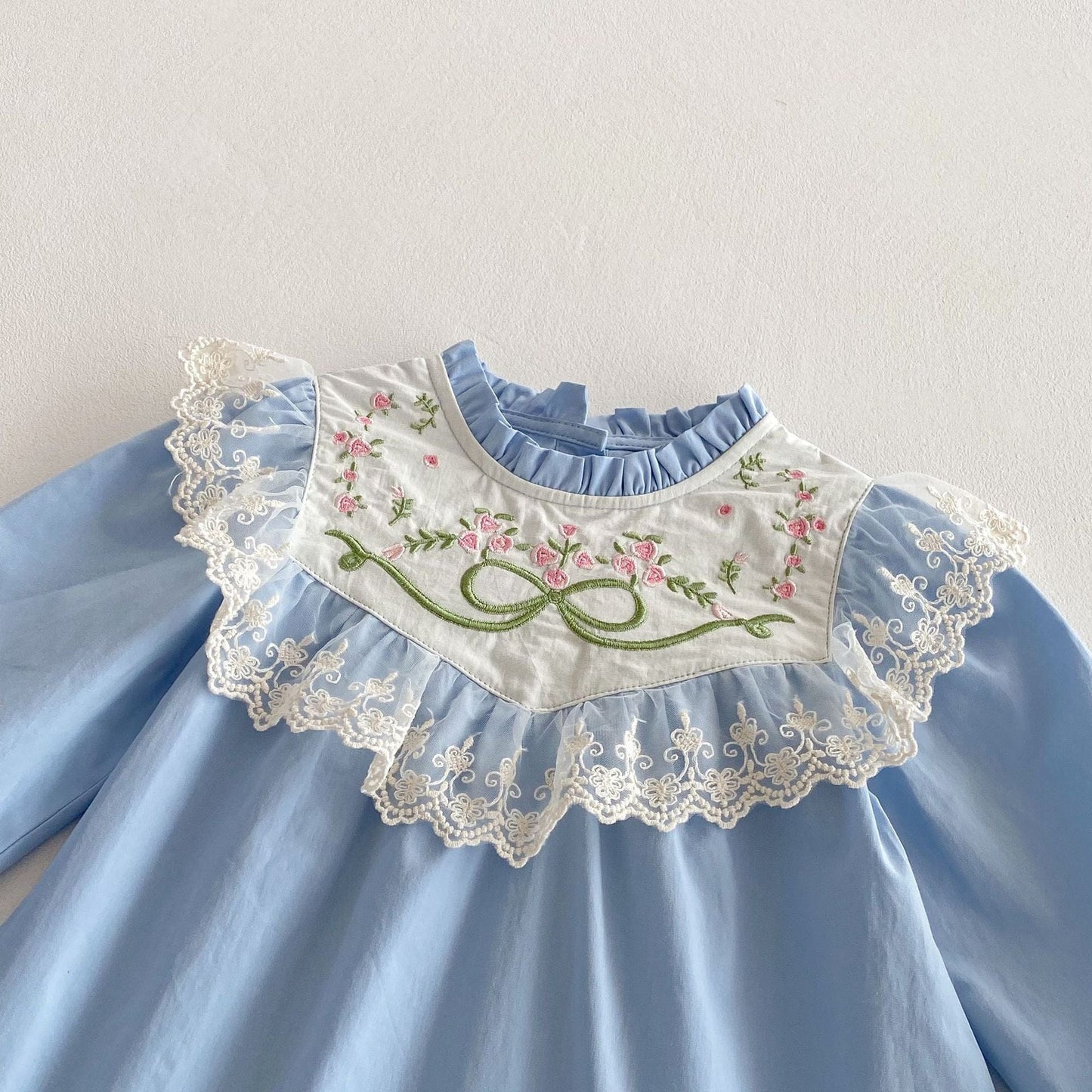 長袖ワンピース リボンフラワー刺繍レース長袖ワンピース【mh0010679】