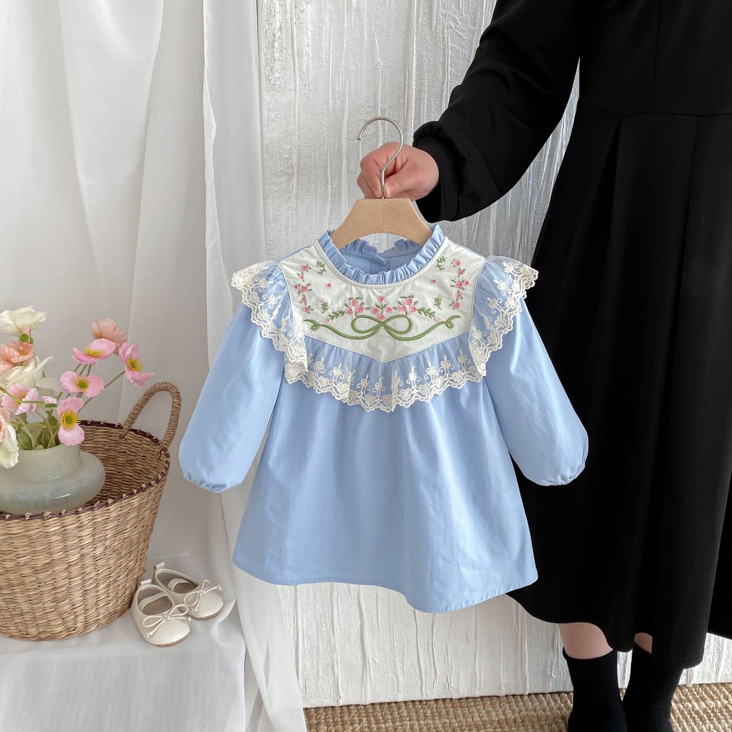 長袖ワンピース リボンフラワー刺繍レース長袖ワンピース【mh0010679】