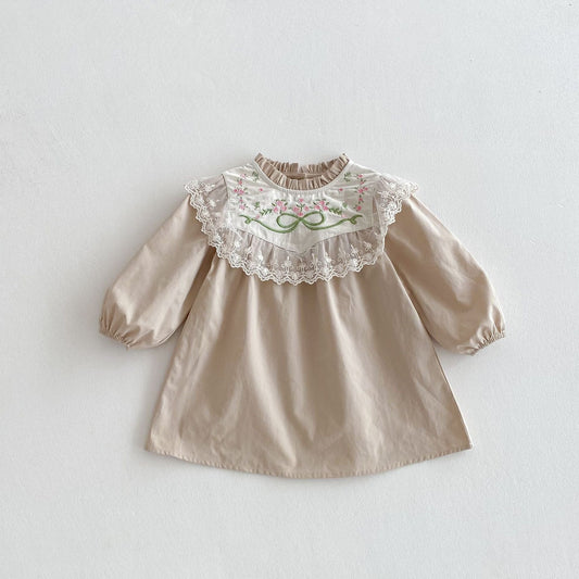 長袖ワンピース リボンフラワー刺繍レース長袖ワンピース【mh0010679】