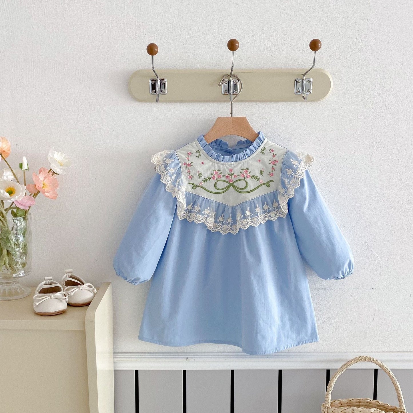 長袖ワンピース リボンフラワー刺繍レース長袖ワンピース【mh0010679】