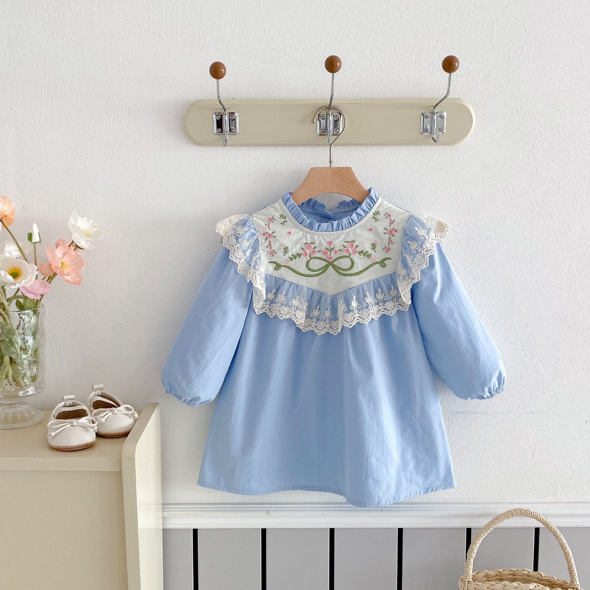 長袖ワンピース リボンフラワー刺繍レース長袖ワンピース【mh0010679】