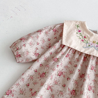 長袖ワンピース フラワー刺繍ビッグ襟長袖ワンピース【mh0010680】