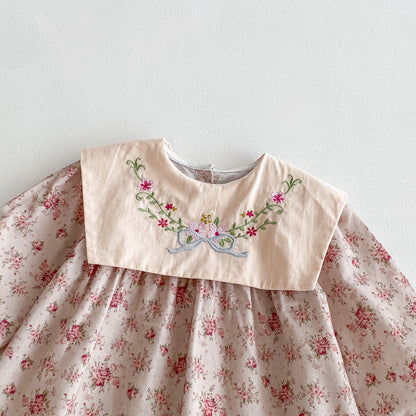 長袖ワンピース フラワー刺繍ビッグ襟長袖ワンピース【mh0010680】