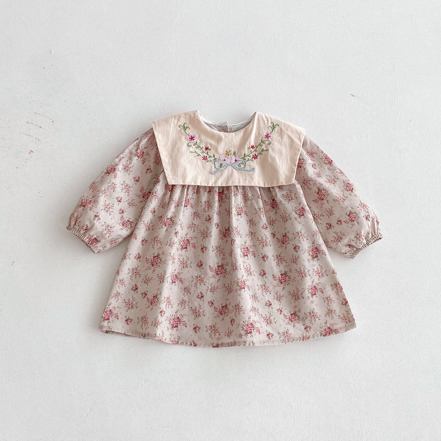 長袖ワンピース フラワー刺繍ビッグ襟長袖ワンピース【mh0010680】