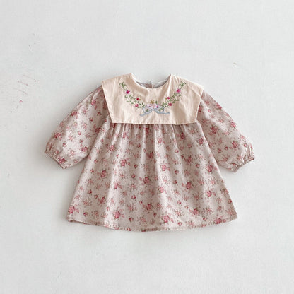 長袖ワンピース フラワー刺繍ビッグ襟長袖ワンピース【mh0010680】