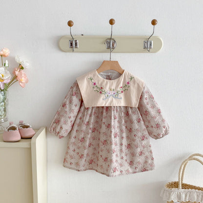 長袖ワンピース フラワー刺繍ビッグ襟長袖ワンピース【mh0010680】