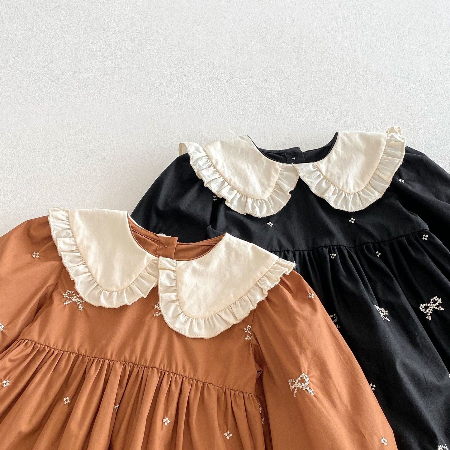 長袖ワンピース リボン刺繍フリル丸襟長袖ワンピース【mh0010687】