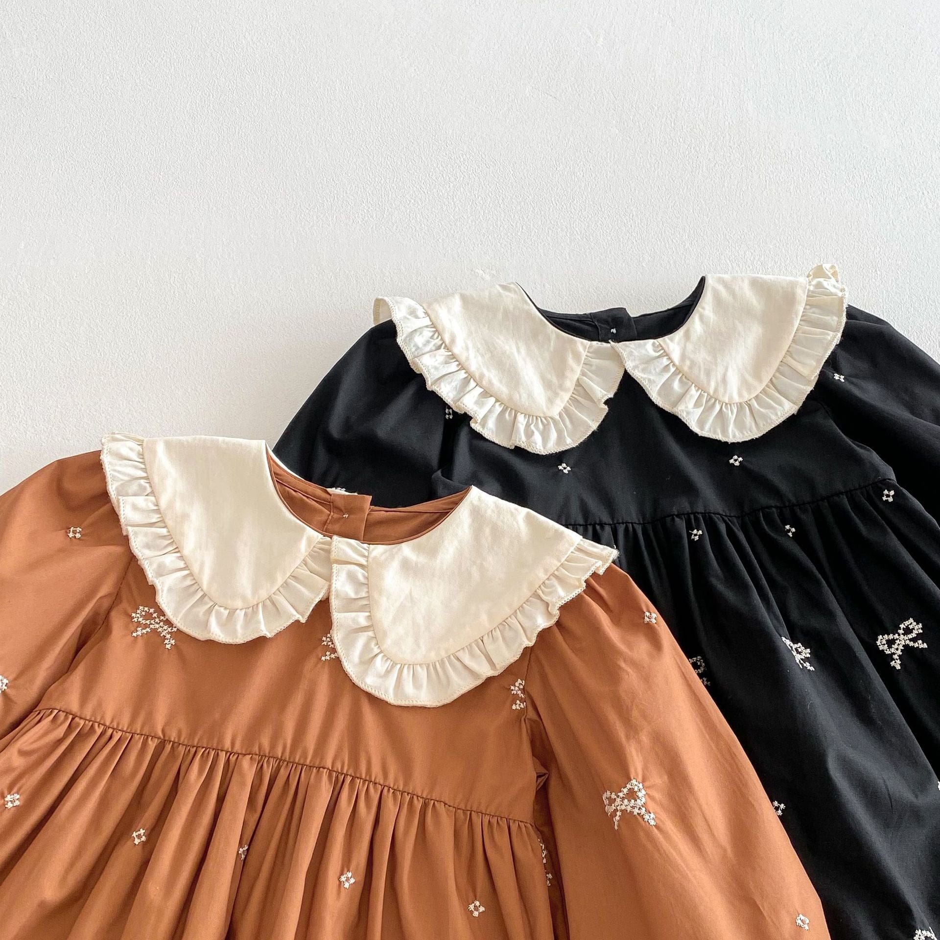 長袖ワンピース リボン刺繍フリル丸襟長袖ワンピース【mh0010687】