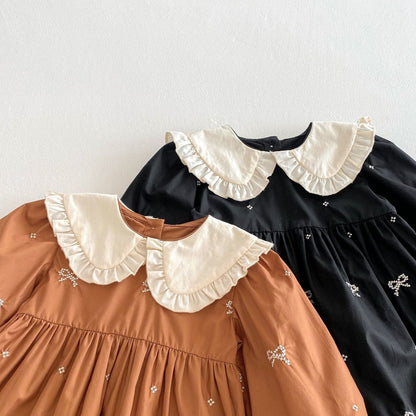 長袖ワンピース リボン刺繍フリル丸襟長袖ワンピース【mh0010687】