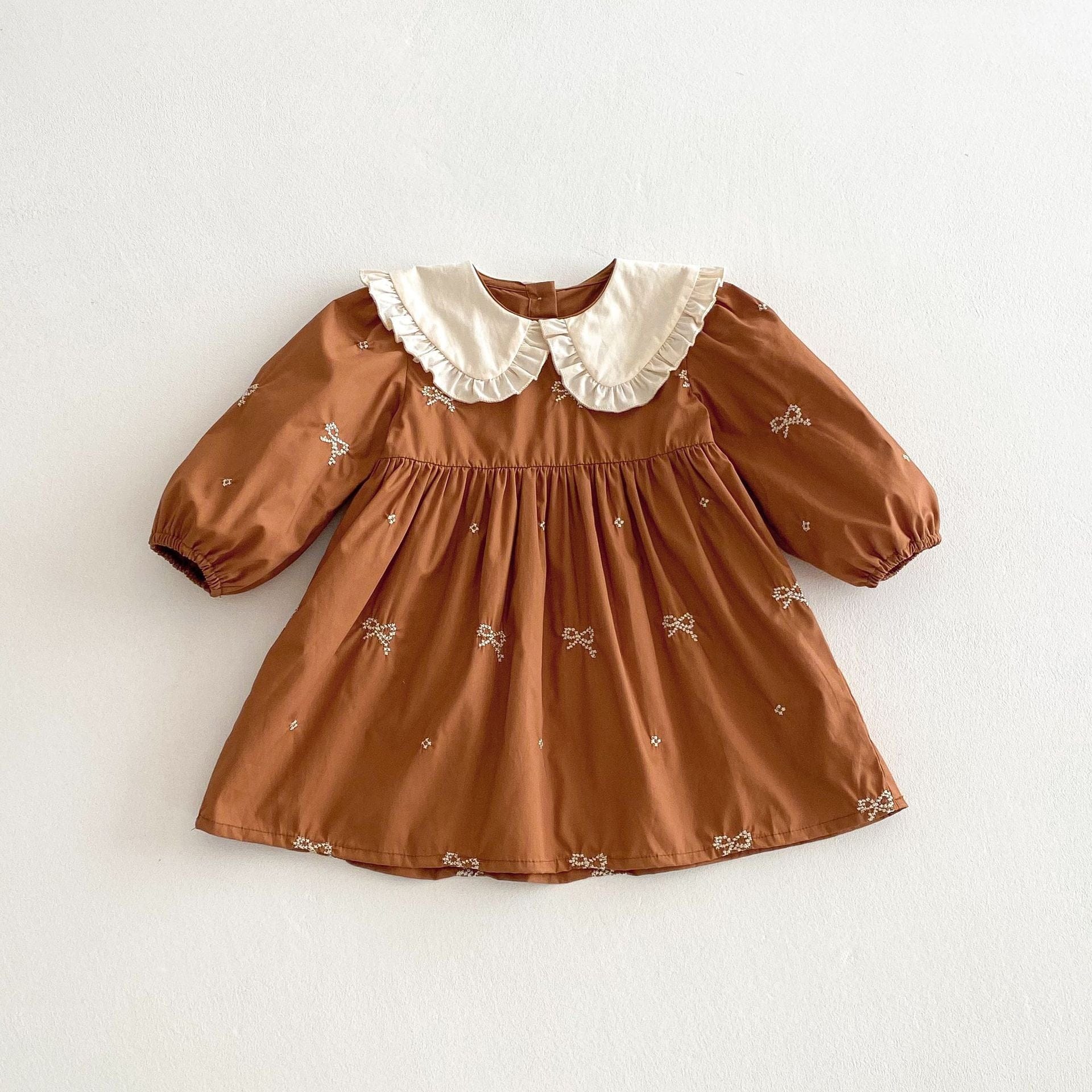 長袖ワンピース リボン刺繍フリル丸襟長袖ワンピース【mh0010687】