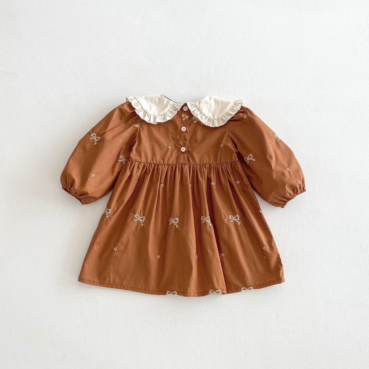 長袖ワンピース リボン刺繍フリル丸襟長袖ワンピース【mh0010687】