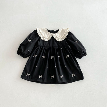 長袖ワンピース リボン刺繍フリル丸襟長袖ワンピース【mh0010687】