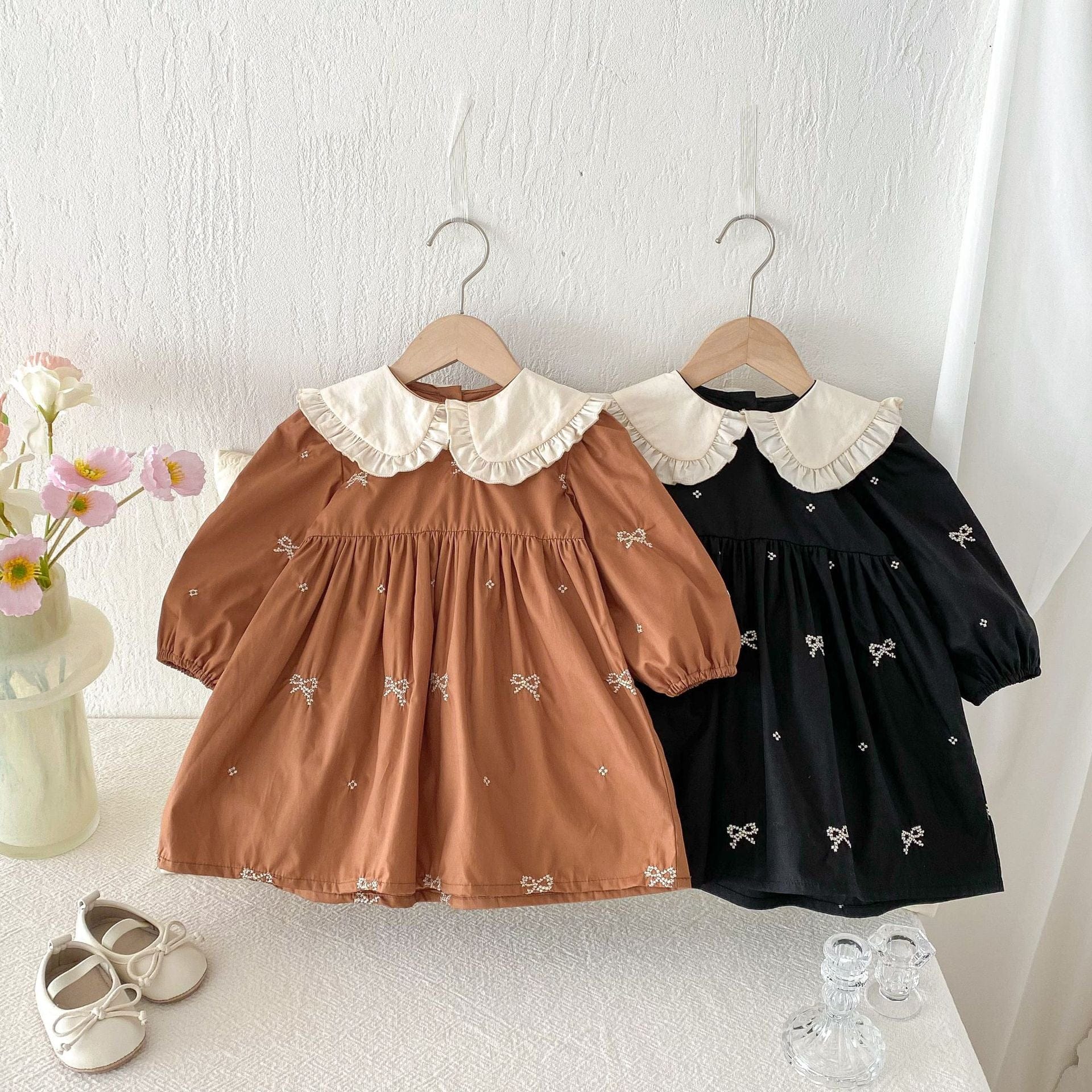 長袖ワンピース リボン刺繍フリル丸襟長袖ワンピース【mh0010687】