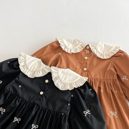 長袖ワンピース リボン刺繍フリル丸襟長袖ワンピース【mh0010687】