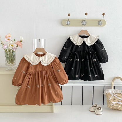 長袖ワンピース リボン刺繍フリル丸襟長袖ワンピース【mh0010687】