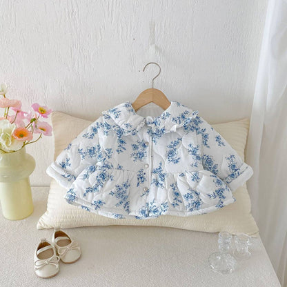 ショートコート・ジャケット・ジャンパー 長袖ジャケット 中綿キルティング フラワー柄 フリル襟 アウター【mh0011373】