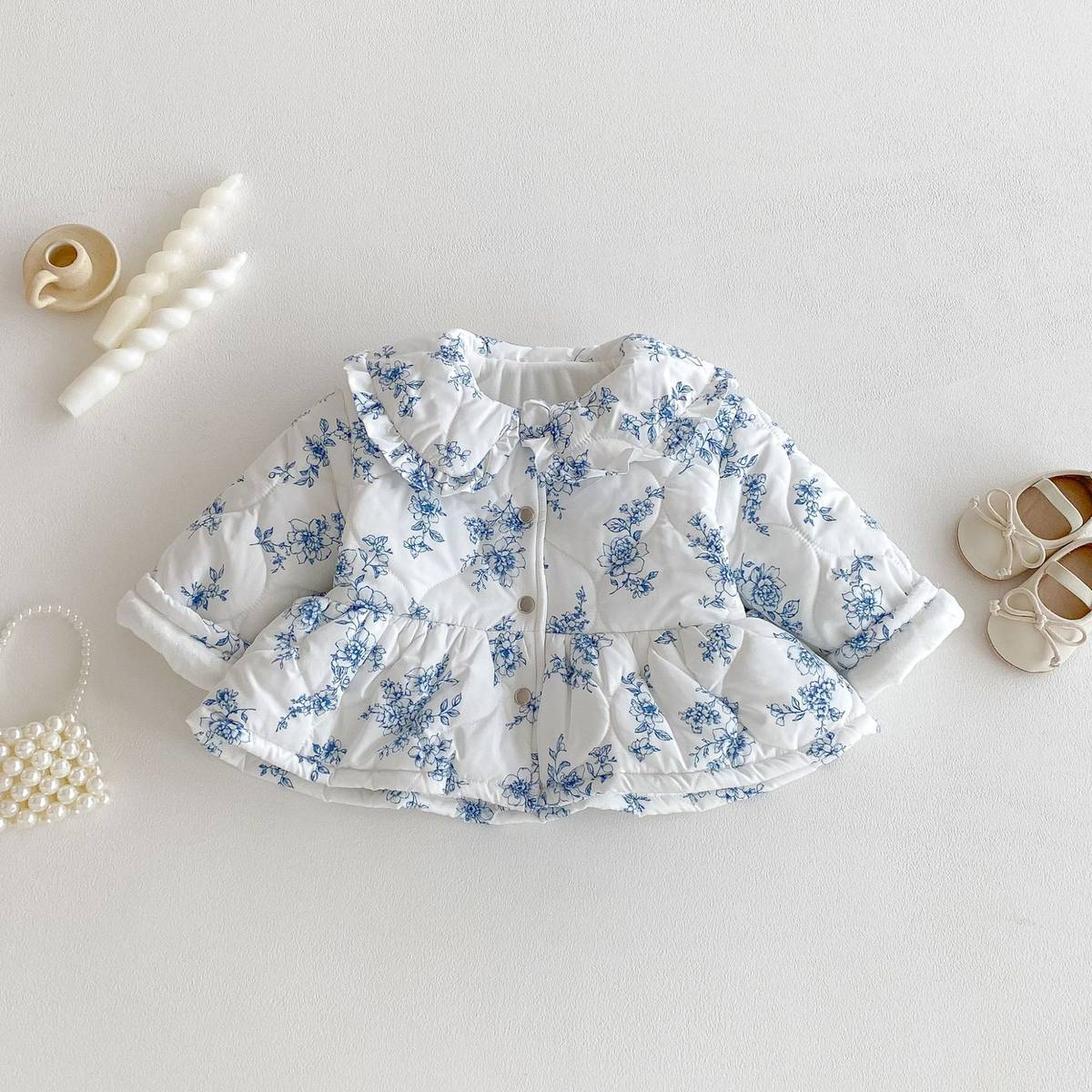 ショートコート・ジャケット・ジャンパー 長袖ジャケット 中綿キルティング フラワー柄 フリル襟 アウター【mh0011373】