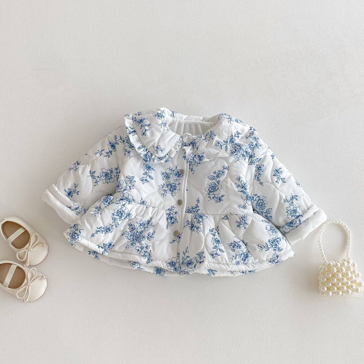 ショートコート・ジャケット・ジャンパー 長袖ジャケット 中綿キルティング フラワー柄 フリル襟 アウター【mh0011373】