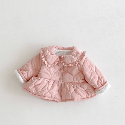 ショートコート・ジャケット・ジャンパー 長袖ジャケット 中綿キルティング フリル襟 ペプラムデザイン アウター あったか【mh0011376】