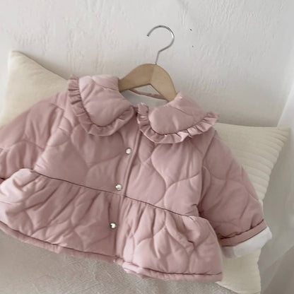 ショートコート・ジャケット・ジャンパー 長袖ジャケット 中綿キルティング フリル襟 ペプラムデザイン アウター あったか【mh0011376】