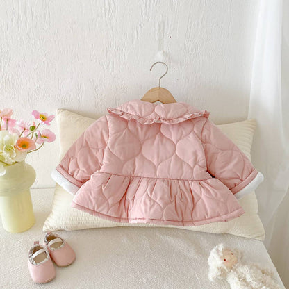 ショートコート・ジャケット・ジャンパー 長袖ジャケット 中綿キルティング フリル襟 ペプラムデザイン アウター あったか【mh0011376】