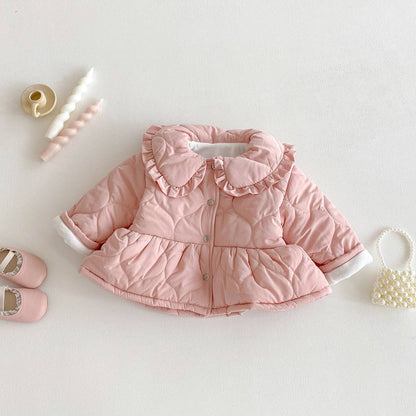 ショートコート・ジャケット・ジャンパー 長袖ジャケット 中綿キルティング フリル襟 ペプラムデザイン アウター あったか【mh0011376】