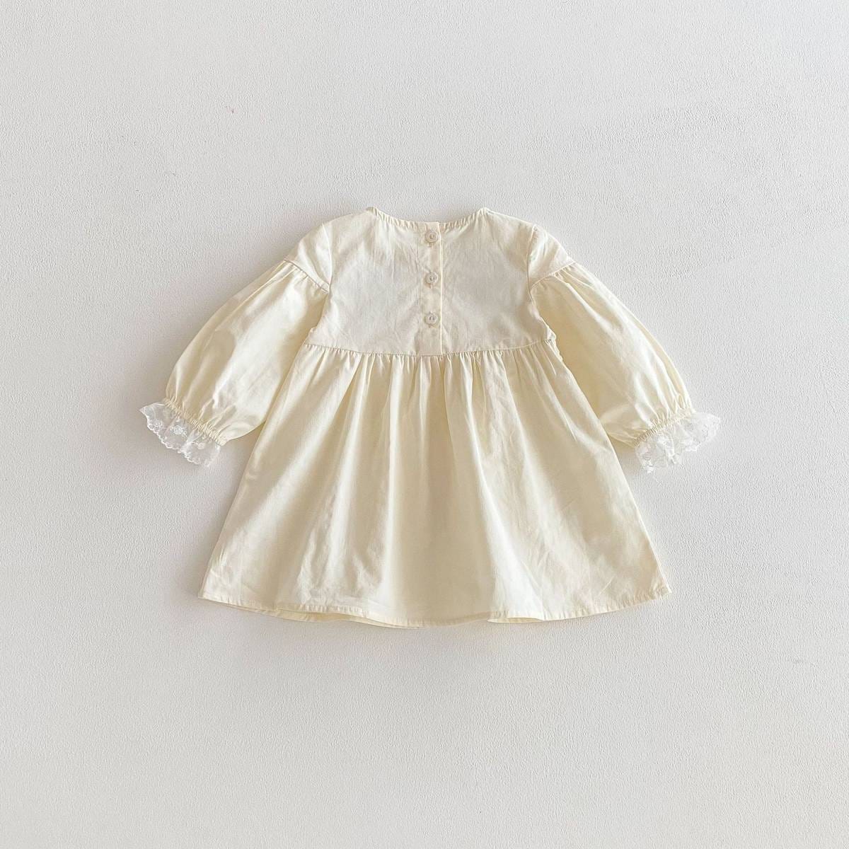 長袖ワンピース 長袖ワンピース 膝丈 花柄刺繍 レース切替 ギャザー パフスリーブ プリンセス【mh0011383】